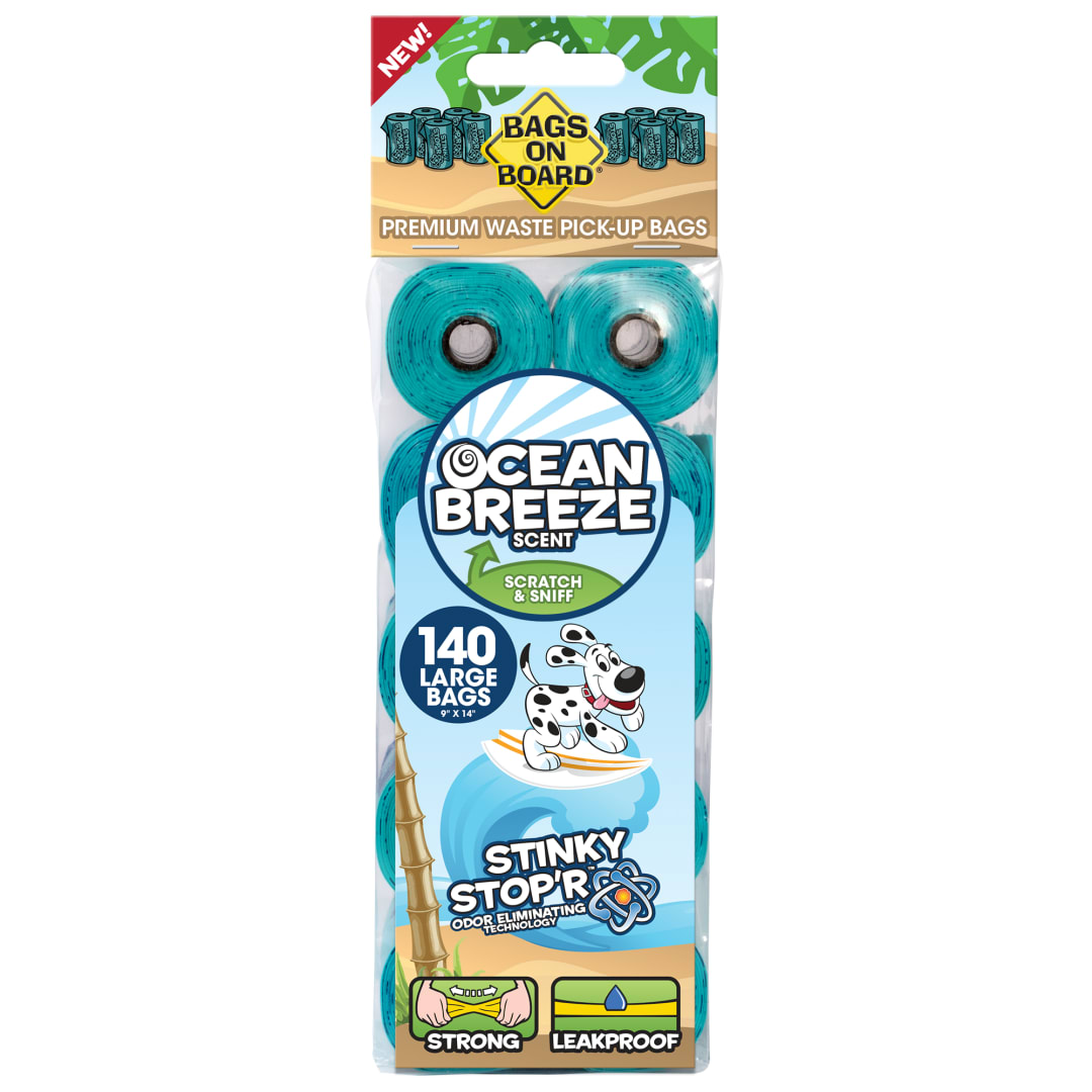 Bags on Board Odor Control Dog Poop Bags | Ocean Breeze Scent | 9 x14 Inches, 140 Waste Pickup Bags