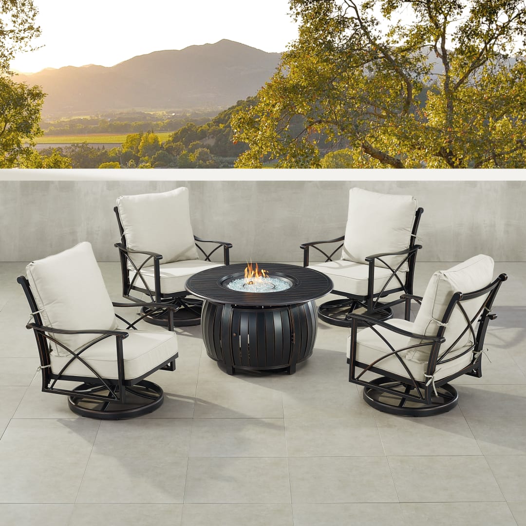 Black Aluminum Patio Fire Table Set with Four Club Chairs