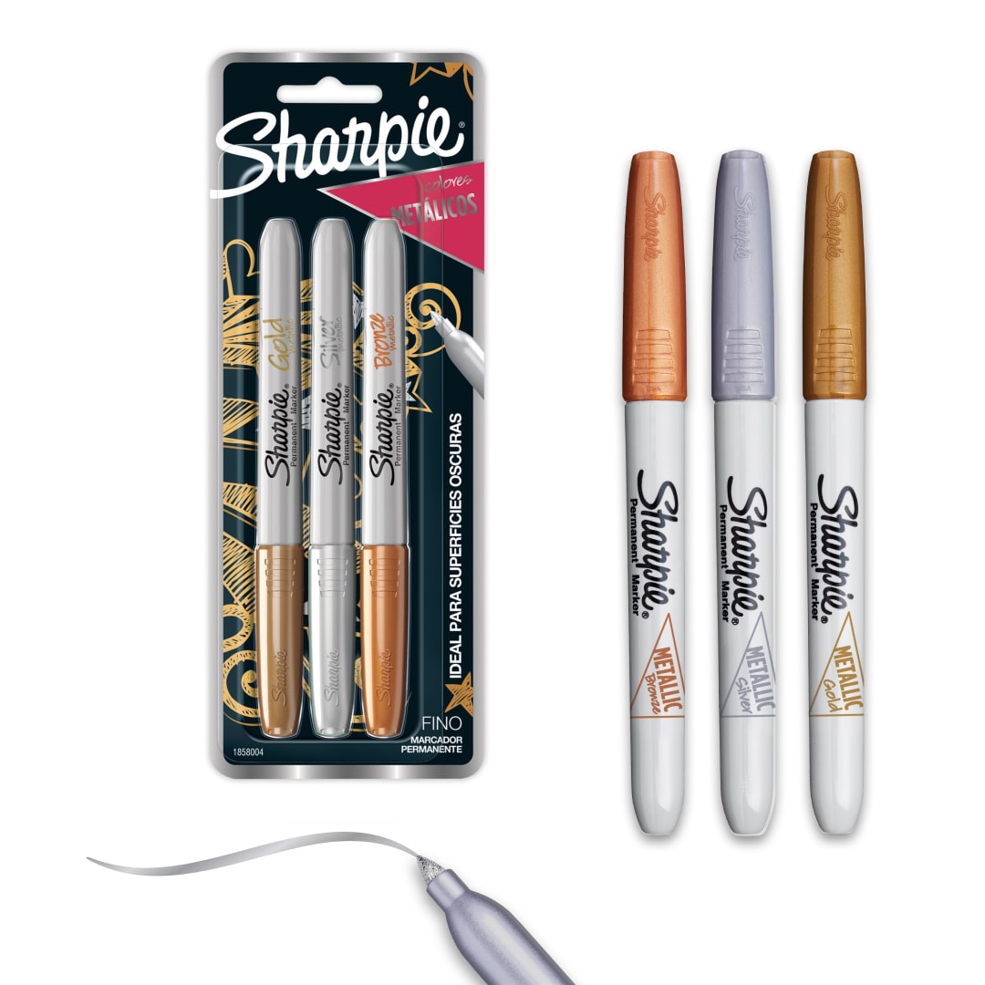 Sharpie Marcadores Permanentes Metálicos, Punta Fina, Surtidos, 3 Piezas