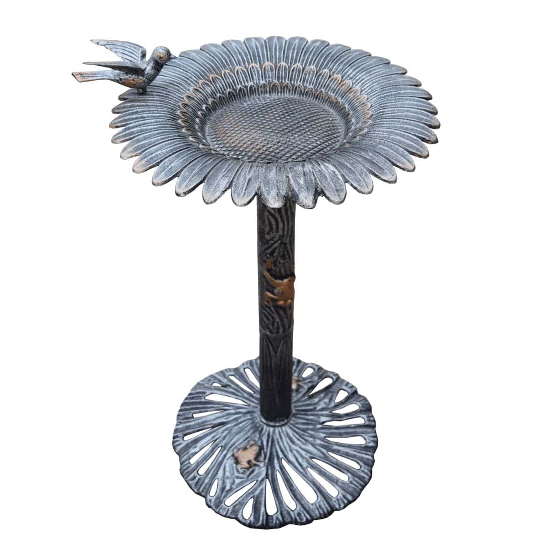 Round Cast Aluminum Metal 30-in Silver and Gold Bird Bath with Sunflower