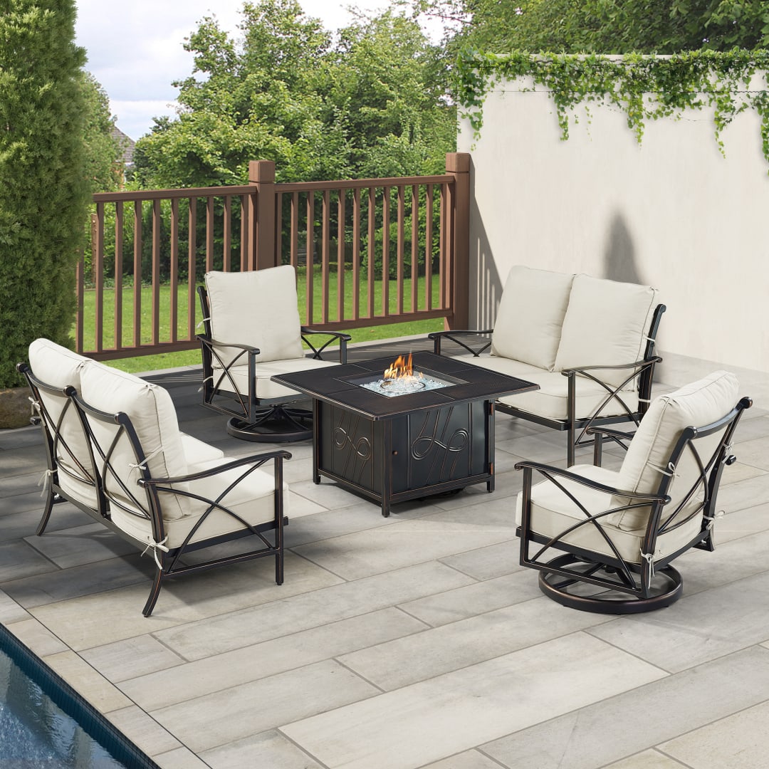 Black Aluminum Patio Fire Table Set with Two Deep Seating Loveseat with Cushions and Two Club Chairs