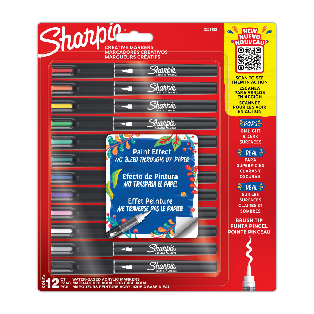 Sharpie® Creative Marker Acrylic Paint Pens | Water-Based Paint Markers | No-Bleed Ink Writes on Most Surfaces | Brush Tip | Assorted Colours | 12 Count