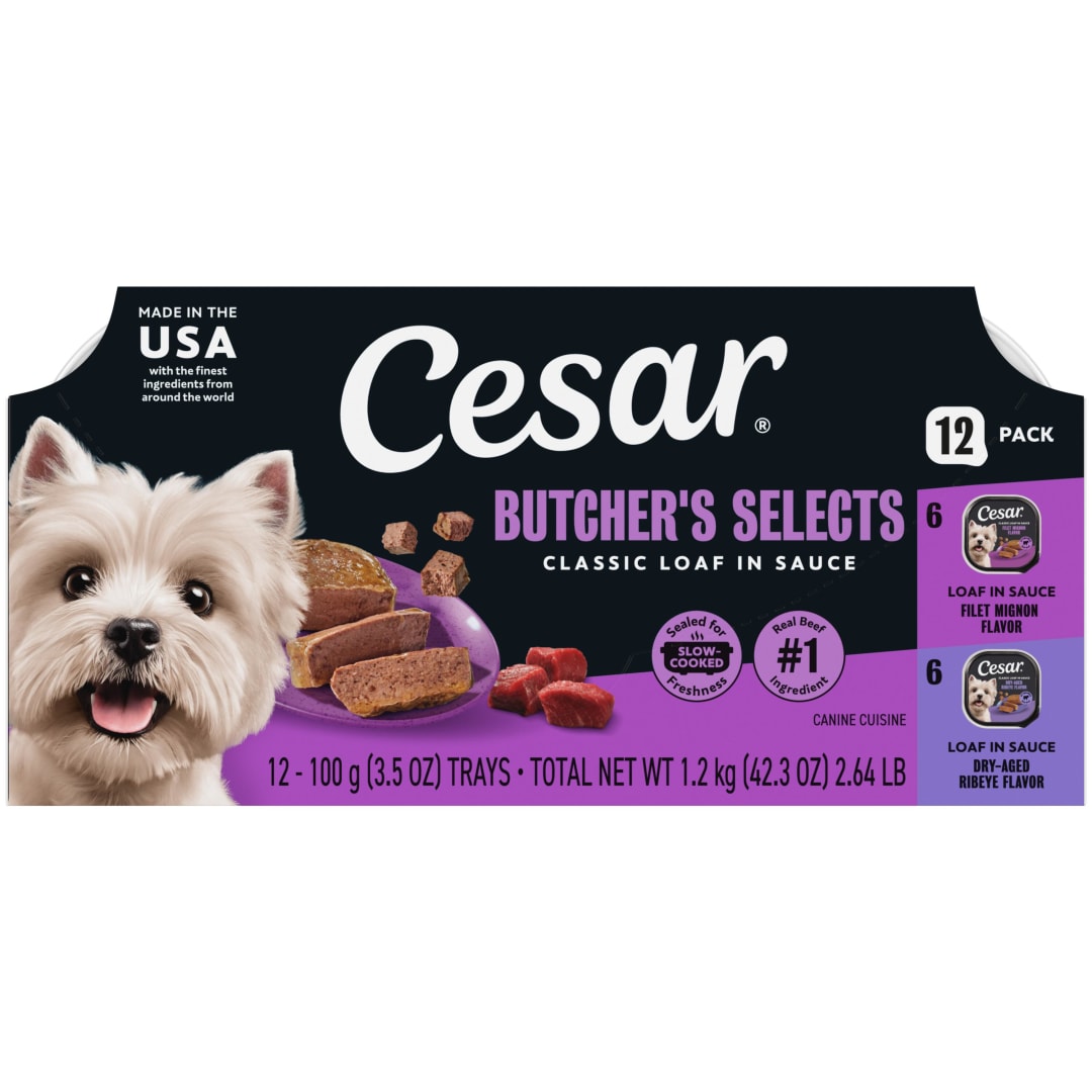 CESAR Classic Loaf in Sauce Adult Soft Wet Dog Food BUTCHER’S SELECTS Variety Pack, Dry-Aged Ribeye Flavor and Filet Mignon Flavor, (12) 3.5 oz. Trays