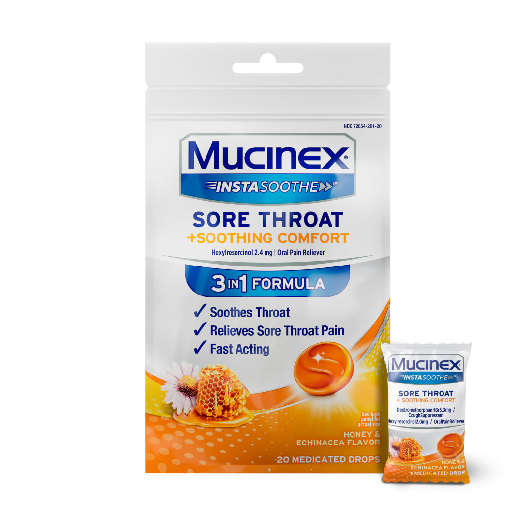 MUCINEX® InstaSoothe™ Sore Throat + Soothing Comfort - Honey & Echinacea 36/20 ct.