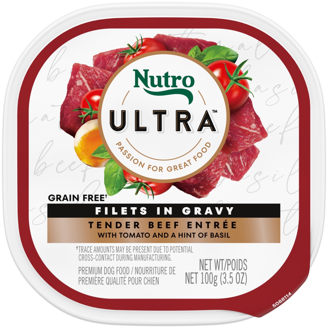 NUTRO ULTRA Grain Free Adult Wet Dog Food Filets in Gravy Tender Beef Entrée With Tomato and a Hint of Basil, (24) 3.5 oz. Trays
