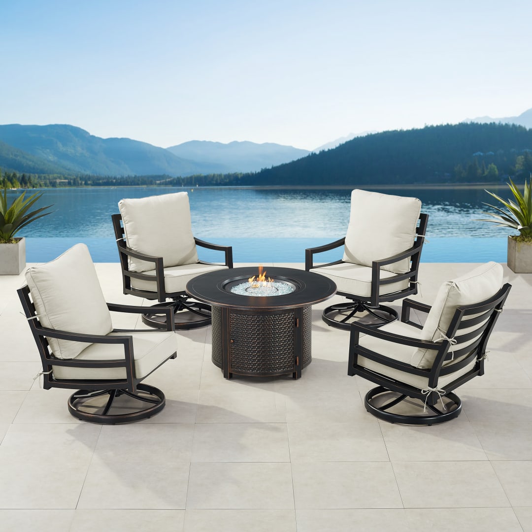 Black Aluminum Patio Fire Table Set with Four Club Chairs