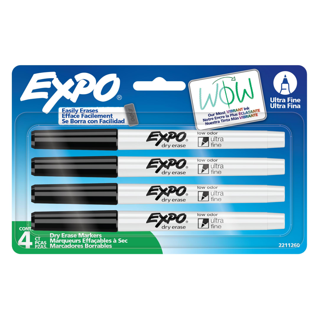 EXPO Dry Erase Markers, Low Odor Ink, Black, Ultra Fine Tip, 4 Count