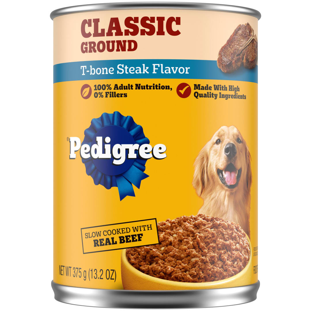 PEDIGREE CHOPPED GROUND DINNER Adult Canned Soft Wet Dog Food, T-Bone Steak Flavor, 13.2 oz. Cans 12 Pack