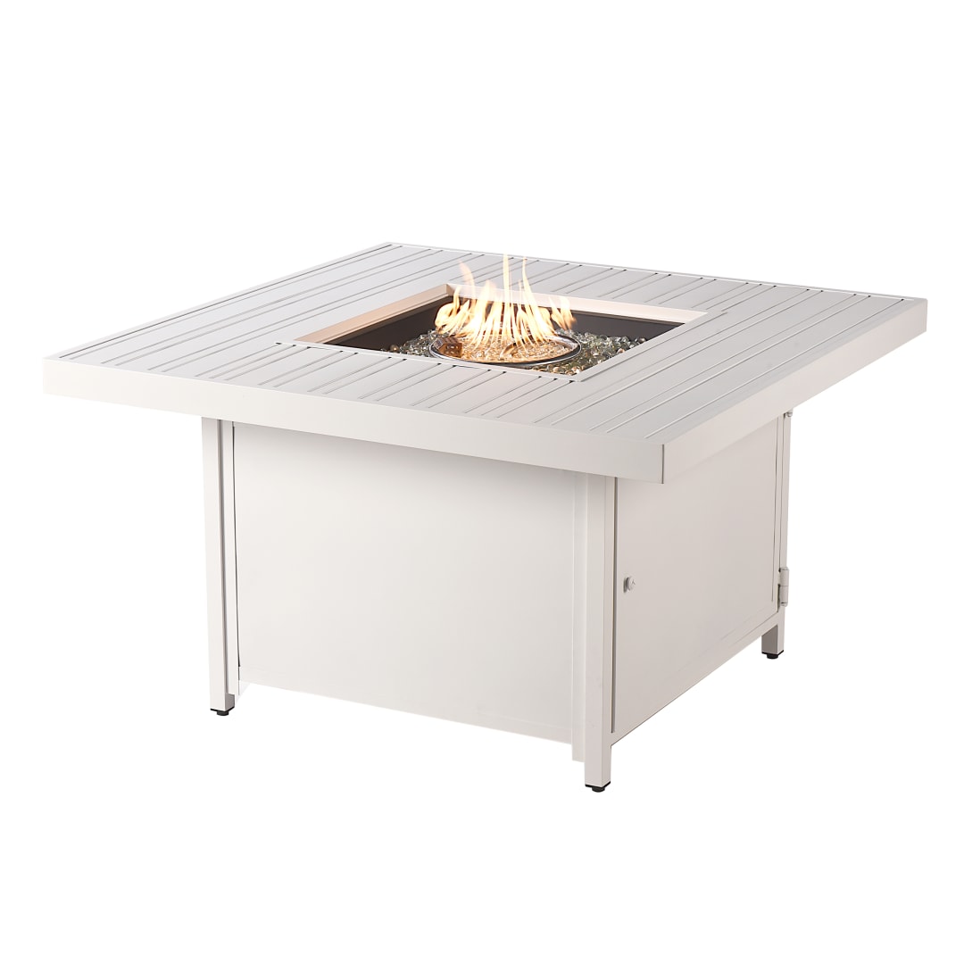 Square 42 in. x 42 in. Aluminum Propane Fire Pit Table with Glass Beads, Two Covers, Lid, 55,000 BTUs in White Finish