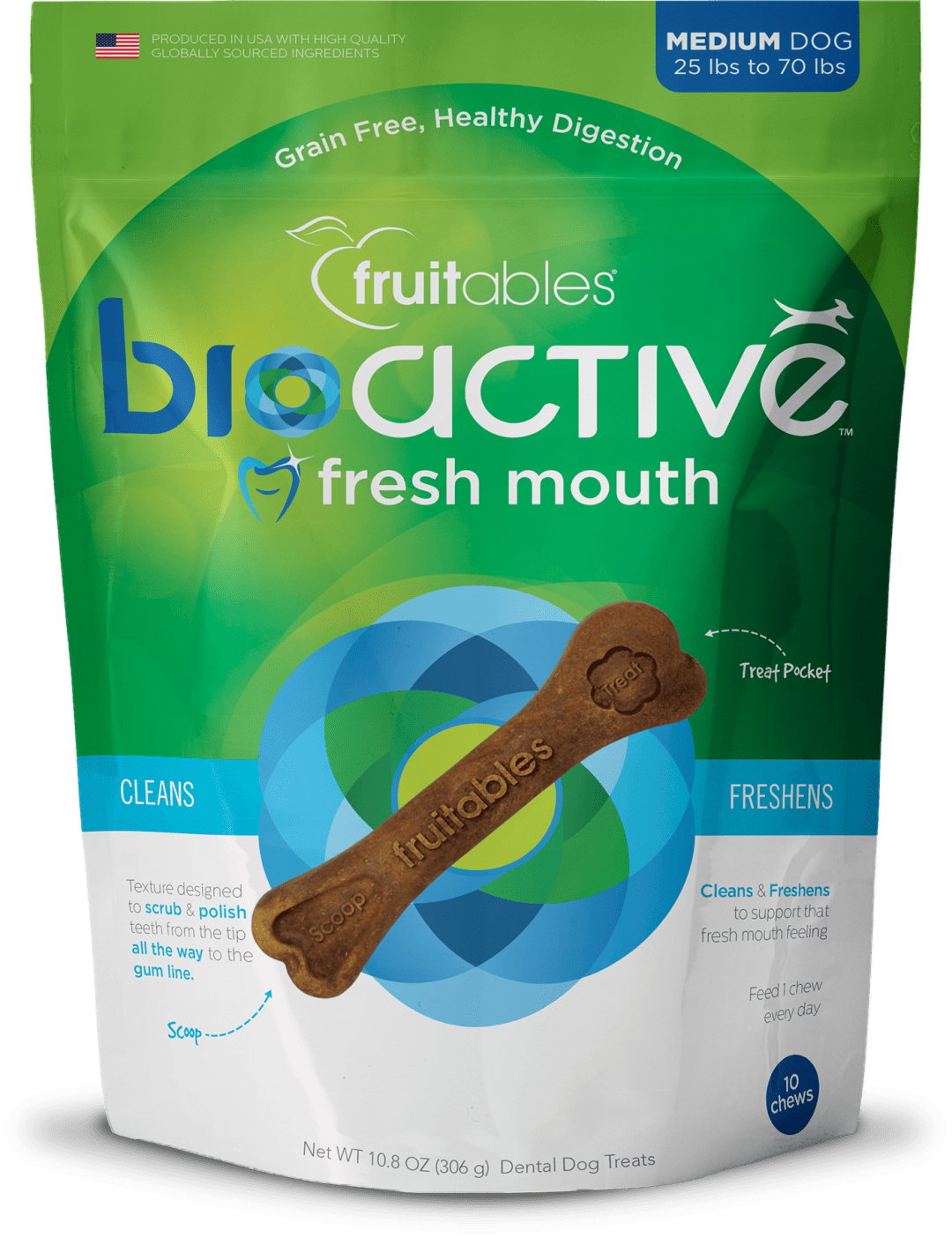 Fruitables Bioactive Dental Chews – Gluten and Grain-free Dental Treat – Superfood Formulated – Medium Dogs – 10 count