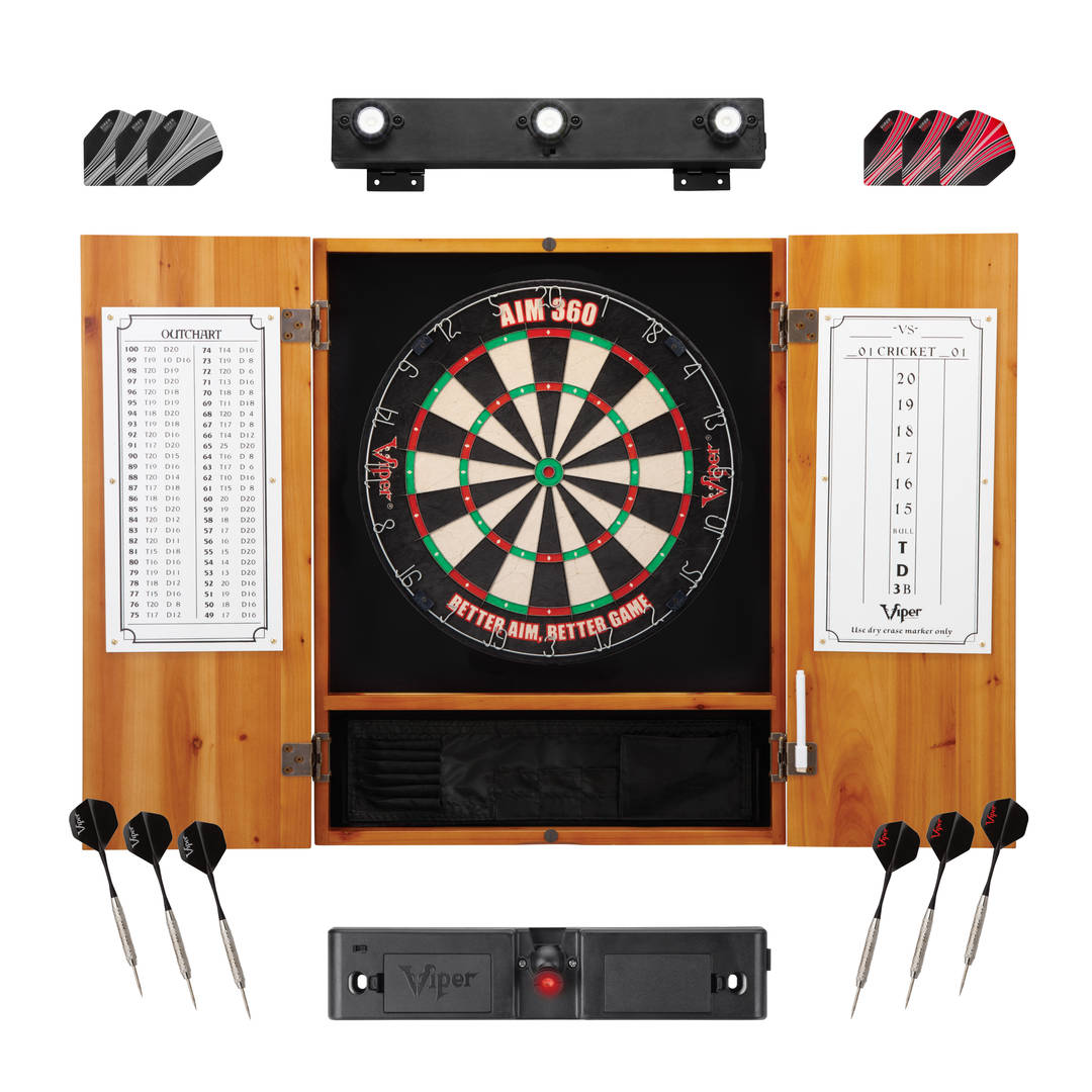 Viper AIM 360 Dartboard, Metropolitan Oak Cabinet, Throw Line Light, Dartboard Lights, and Darts with Spare Flights