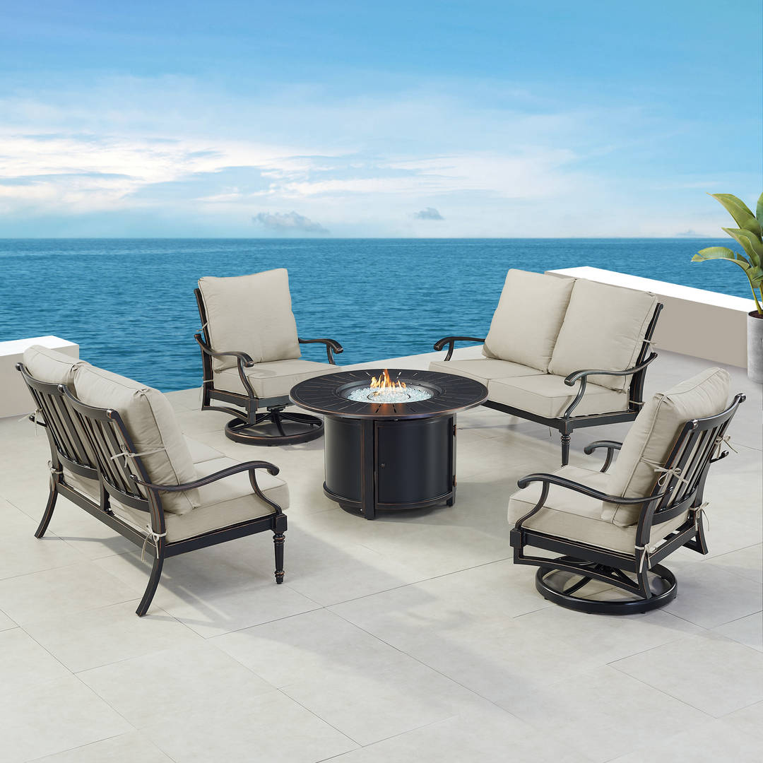 Black Aluminum Patio Fire Table Set with Two Deep Seating Loveseat with Cushions and Two Club Chairs