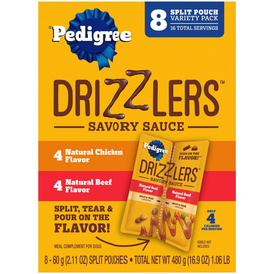 Pedigree Drizzlers Wet Dog Savory Sauce Multipack, 60g Dual-Serving Pouches, 8-Pack