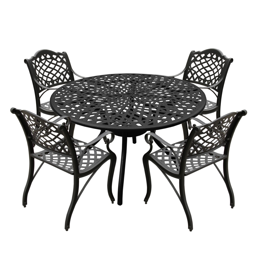 Modern Ornate Outdoor Mesh Aluminum 48-in Black Round Patio Dining Set with Four Chairs