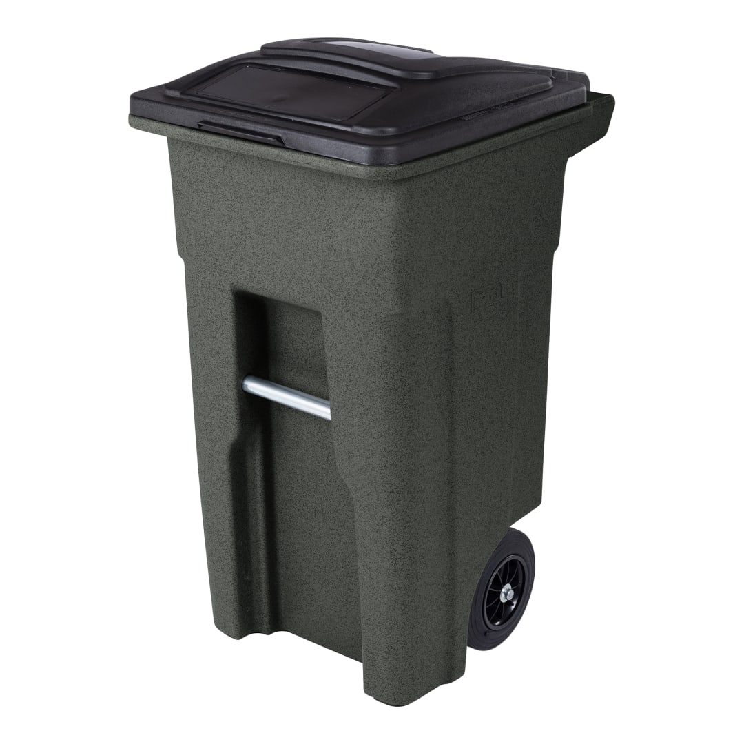 32 Gal. Greenstone Trash Can with Quiet Wheels and Attached Black Lid