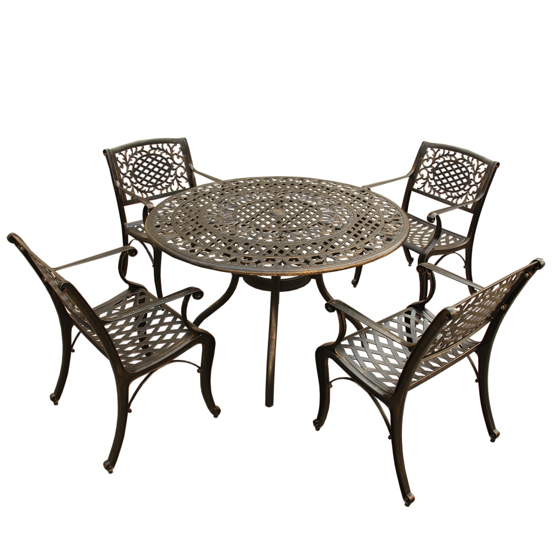 Ornate Traditional Outdoor Mesh Lattice Aluminum 48 inch Bronze Round Dining Set with Four Chairs