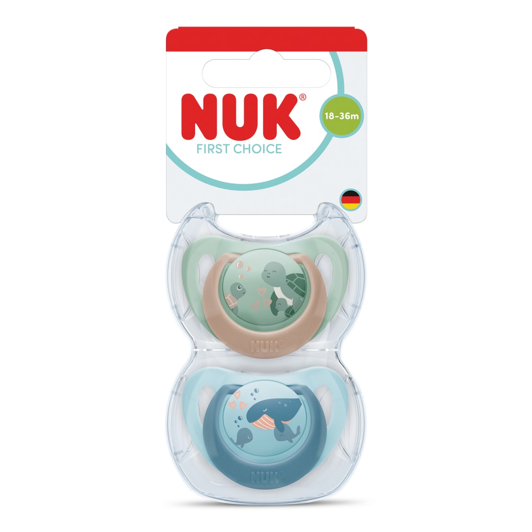 NUK First Choice Baby Pacifiers, 18-36 Months, Orthodontic Pacifiers, Soothes 99% of Babies**, Turtle & Whale, 2 Count
