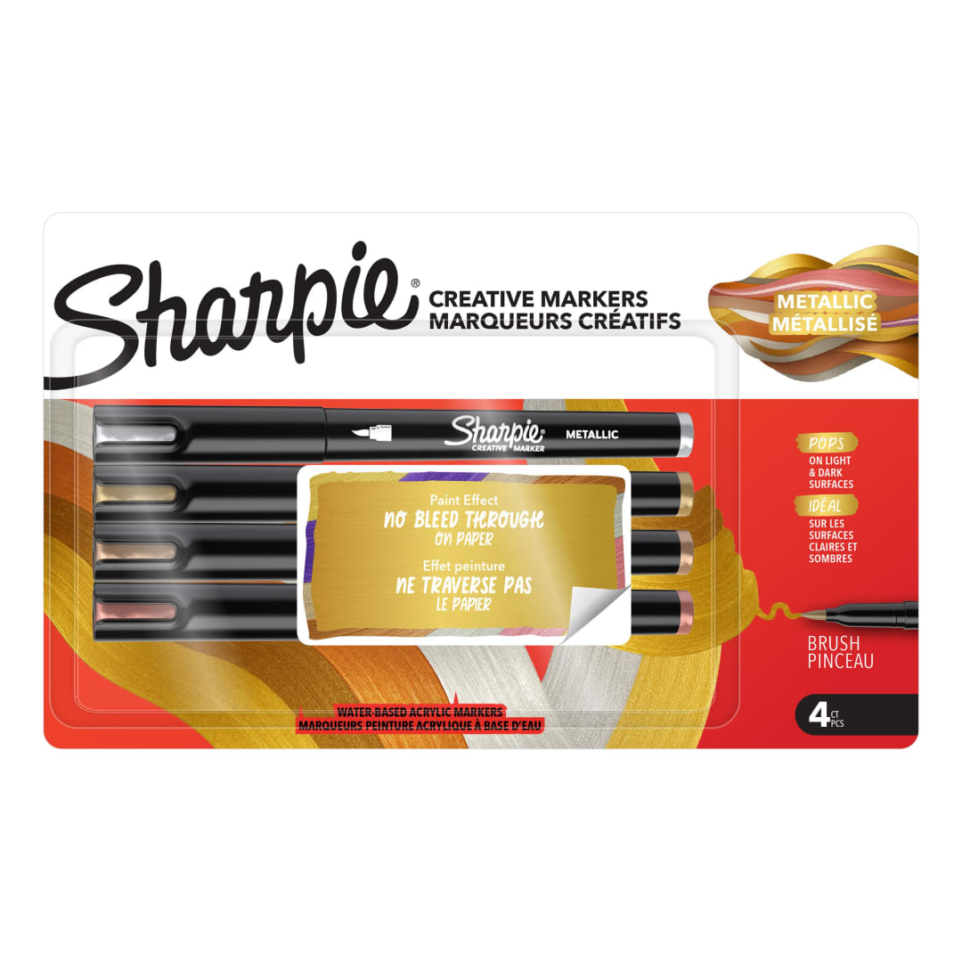 Sharpie Creative Markers, Metallic Markers, Water-Based Acrylic Markers, Brush Tip, Assorted, 4 Count