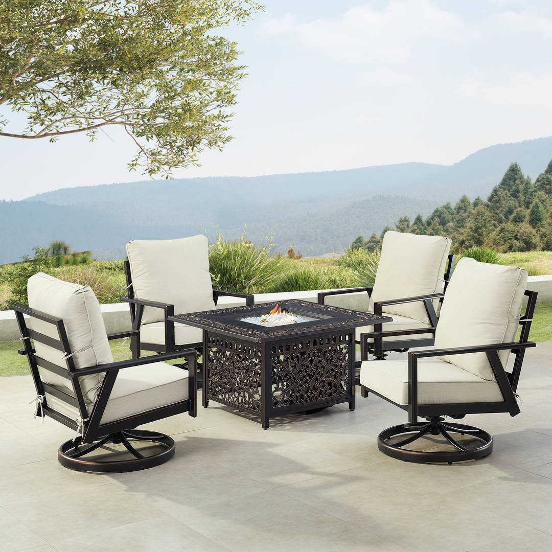 Black Aluminum Patio Fire Table Set with Four Club Chairs