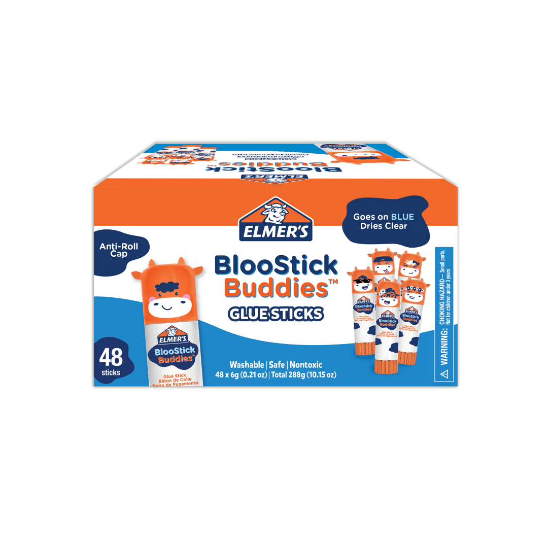 Elmer's BlooStick Buddies Glue Sticks, Disappearing Blue Glue Stick, Anti-Roll Cap, 6g, 48 Count