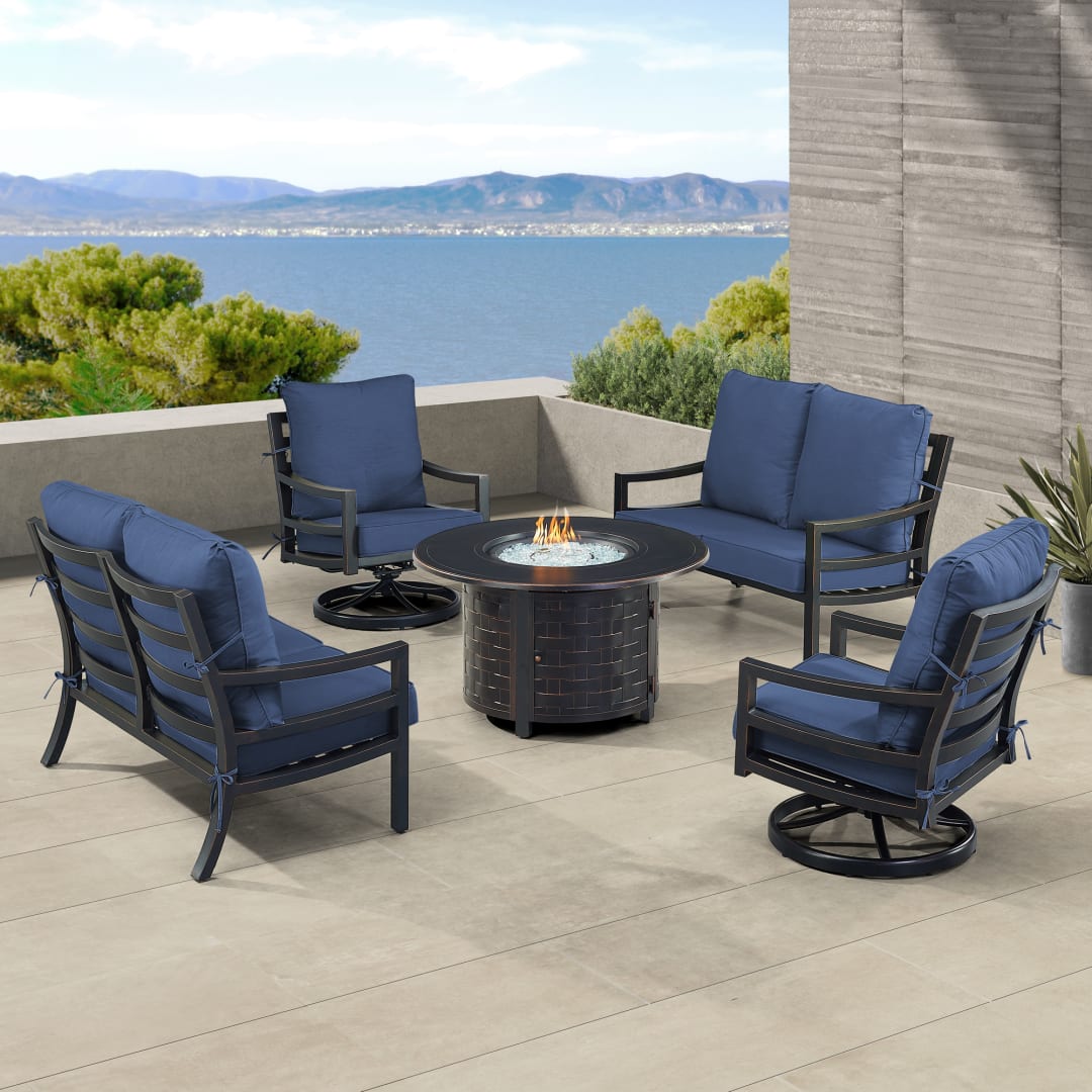 Black Aluminum Patio Fire Table Set with Two Deep Seating Loveseat with Cushions and Two Club Chairs