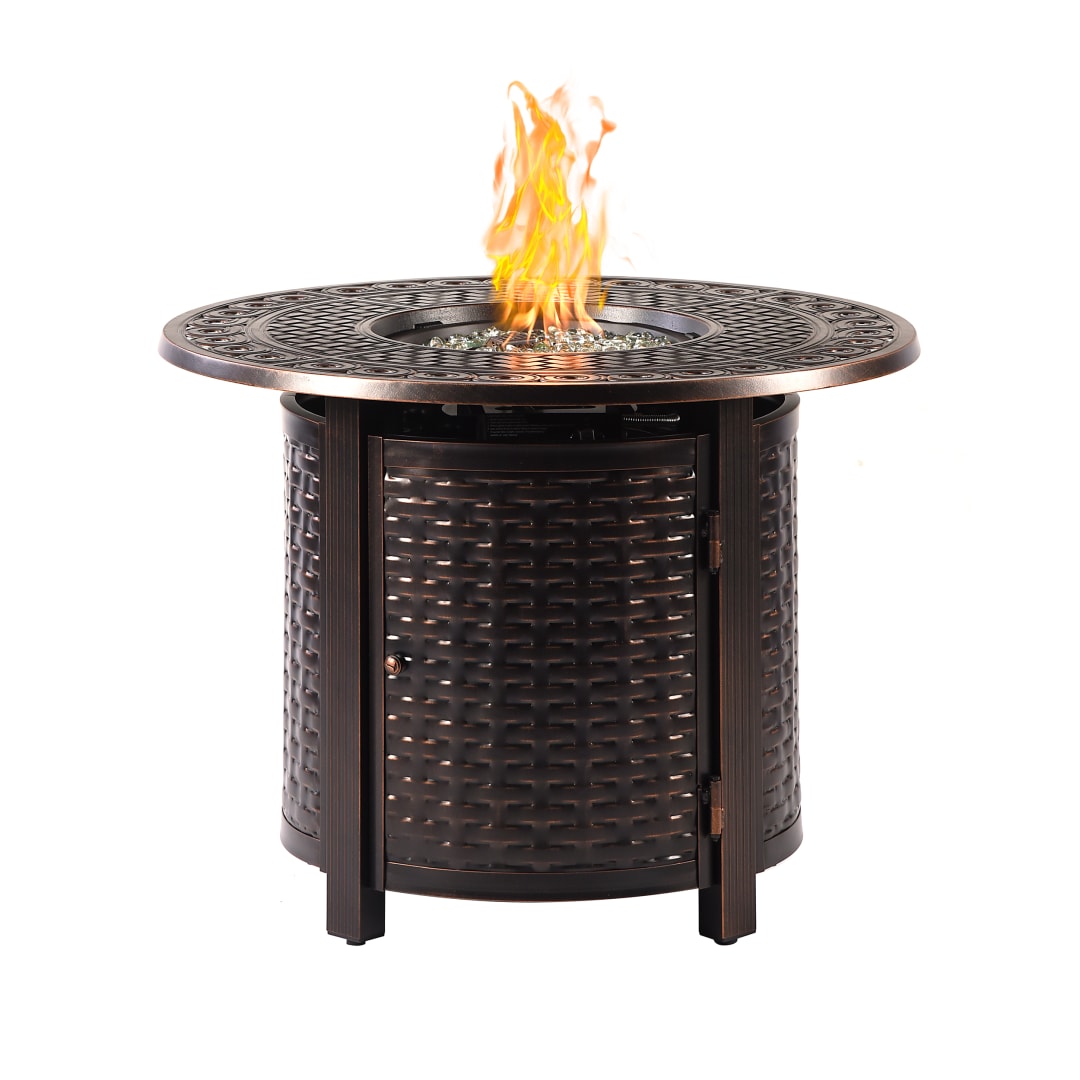 Aluminum Outdoor 34 in. Round Propane Fire Table with Fire Beads, Lid, Propane Tank Cover and Table Fabric Covers in Antique Copper Finish