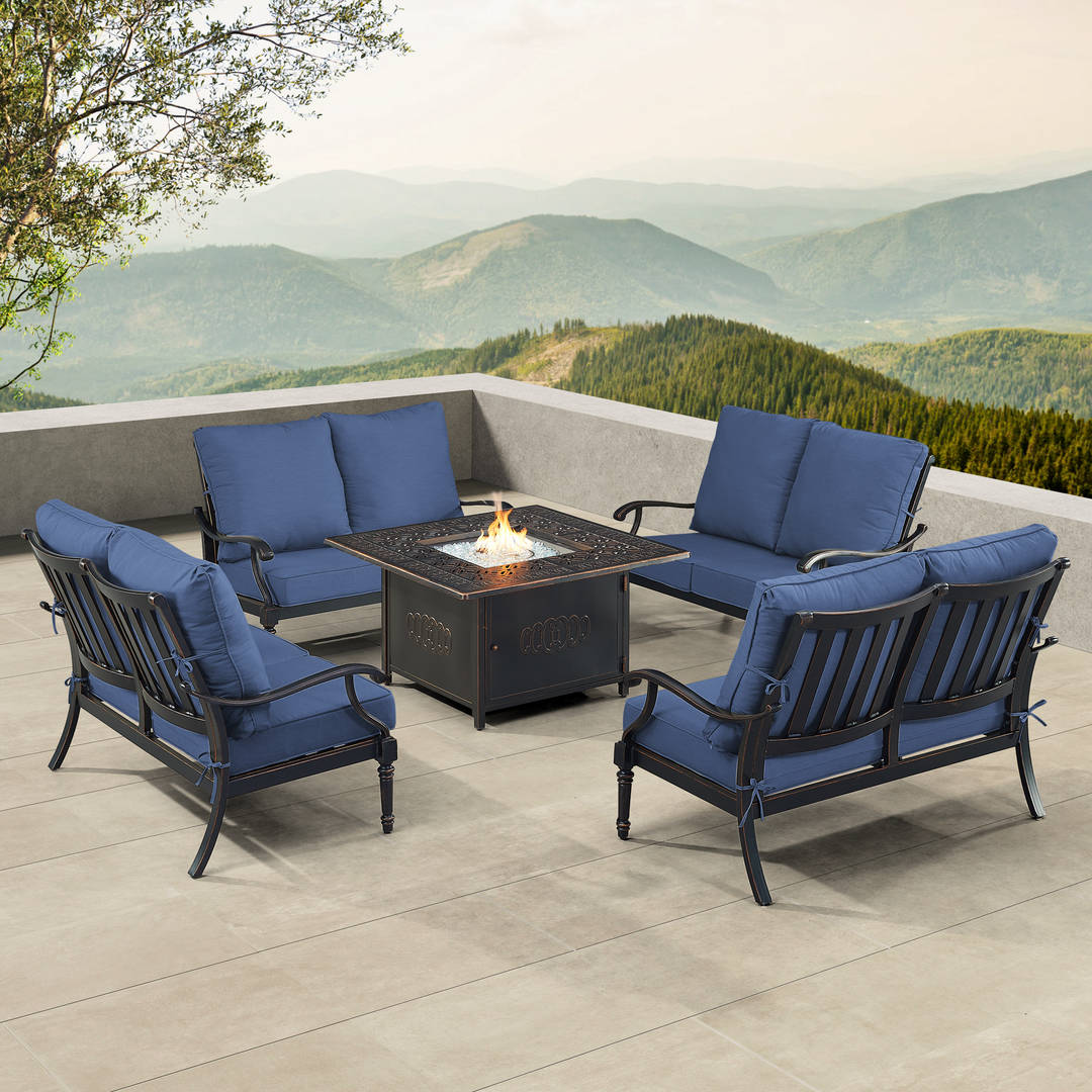 Black Aluminum Patio Fire Table Set with Four Deep Seating Loveseat with Cushions