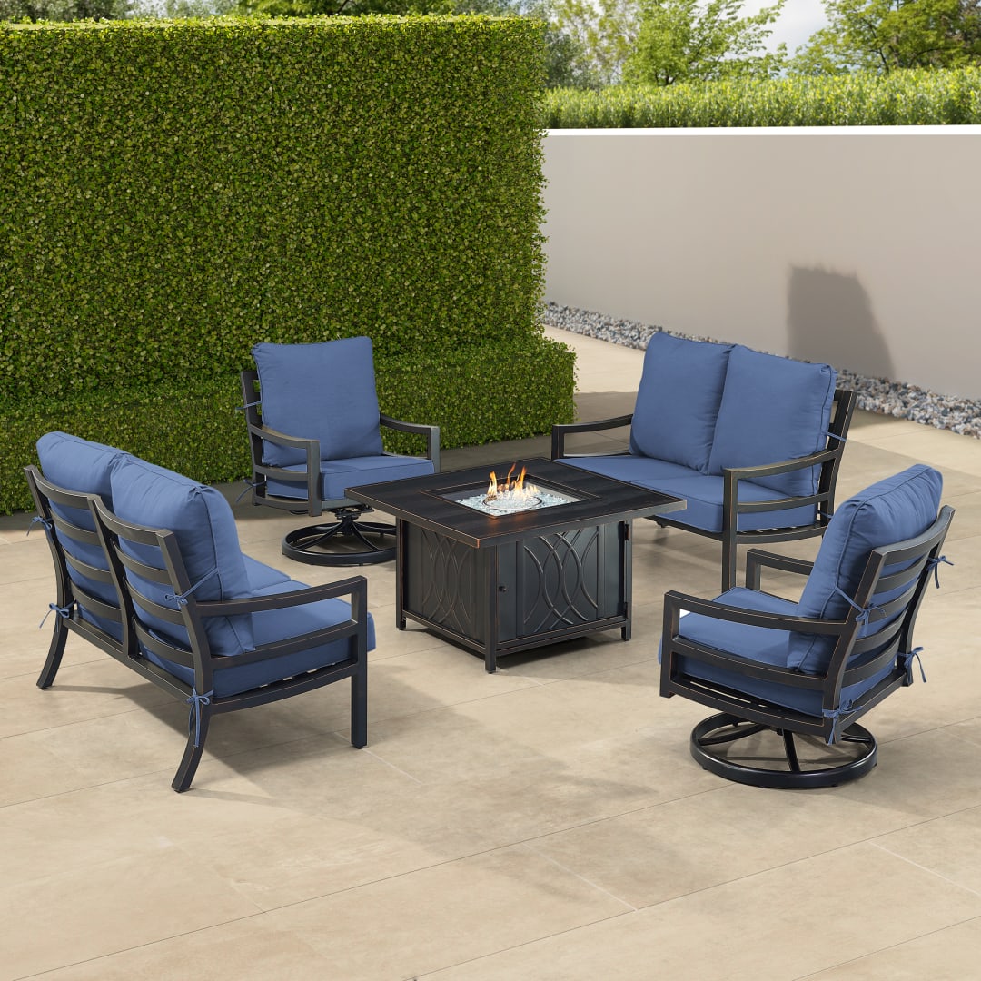 Black Aluminum Patio Fire Table Set with Two Deep Seating Loveseat with Cushions and Two Club Chairs