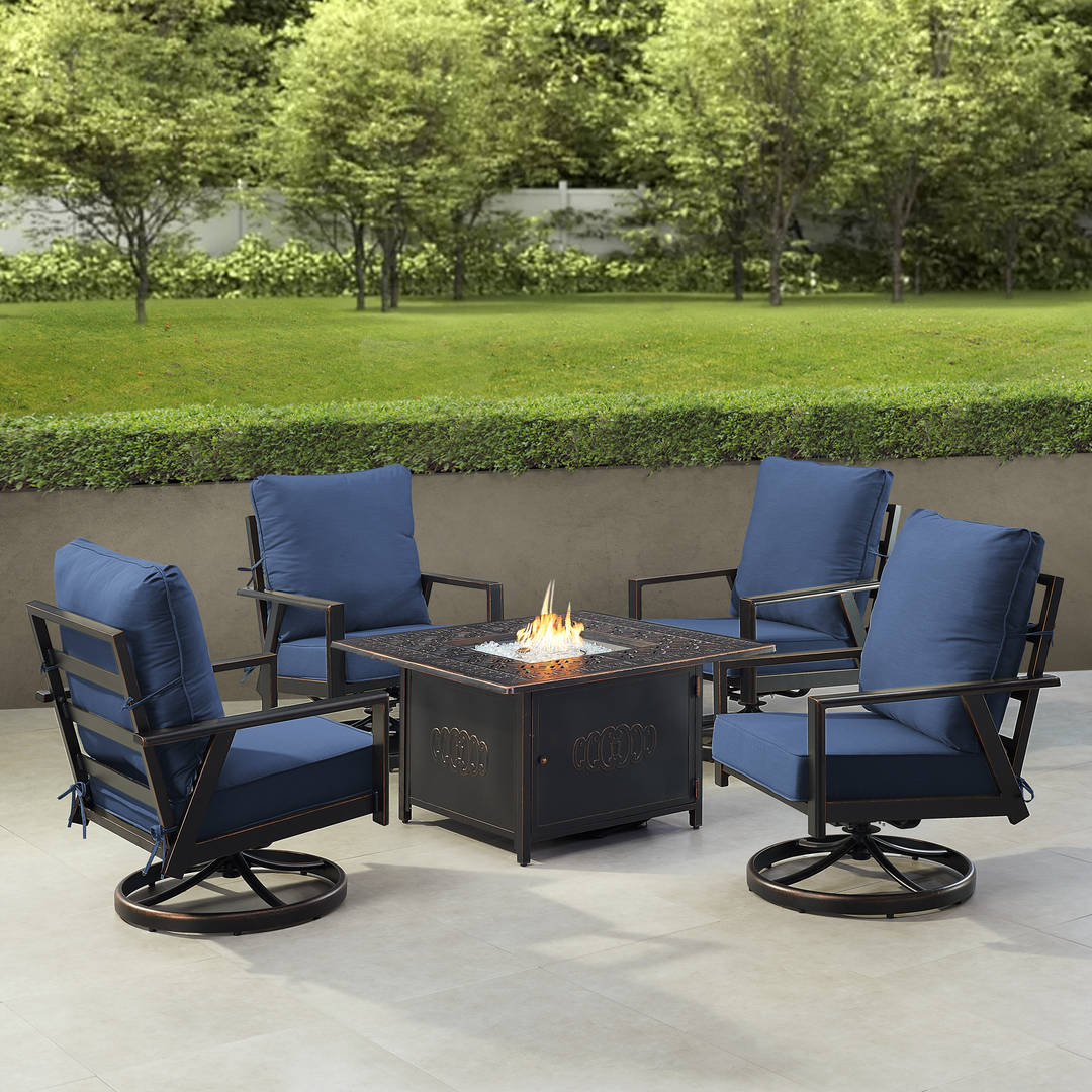 Black Aluminum Patio Fire Table Set with Four Club Chairs