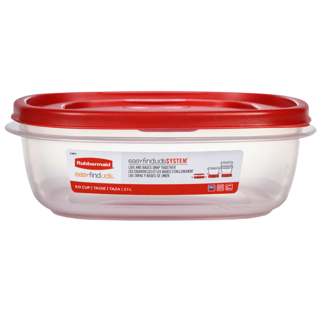 Rubbermaid EasyFindLids Square Food Storage Container, 2.1 L (9 Cup), Red Lid, 1 Pack