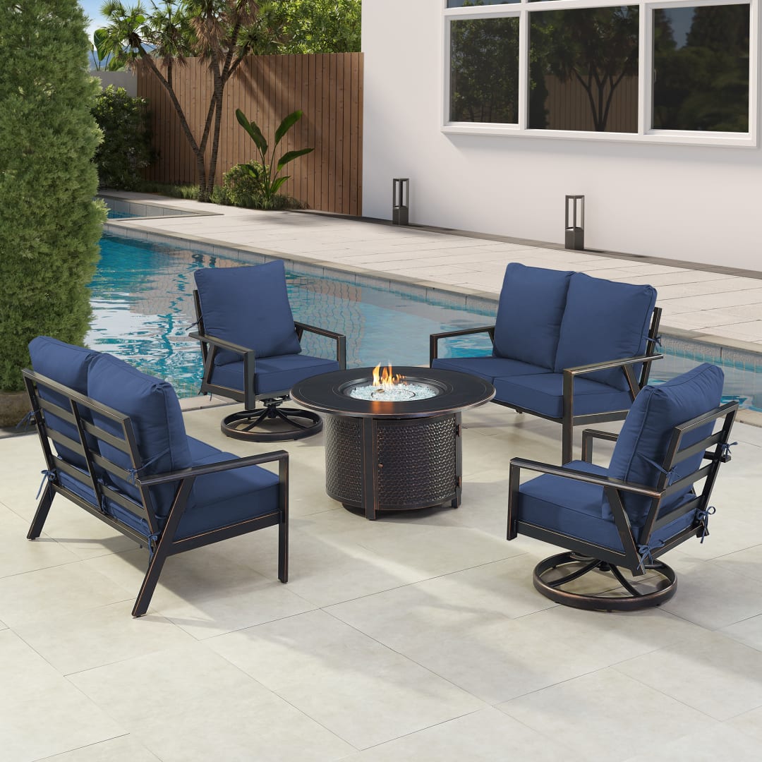 Black Aluminum Patio Fire Table Set with Two Deep Seating Loveseat with Cushions and Two Club Chairs