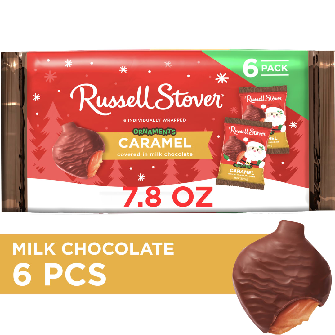 RUSSELL STOVER Christmas Milk Chocolate Caramel Candy Ornament 6 Pack, 7.8 oz.