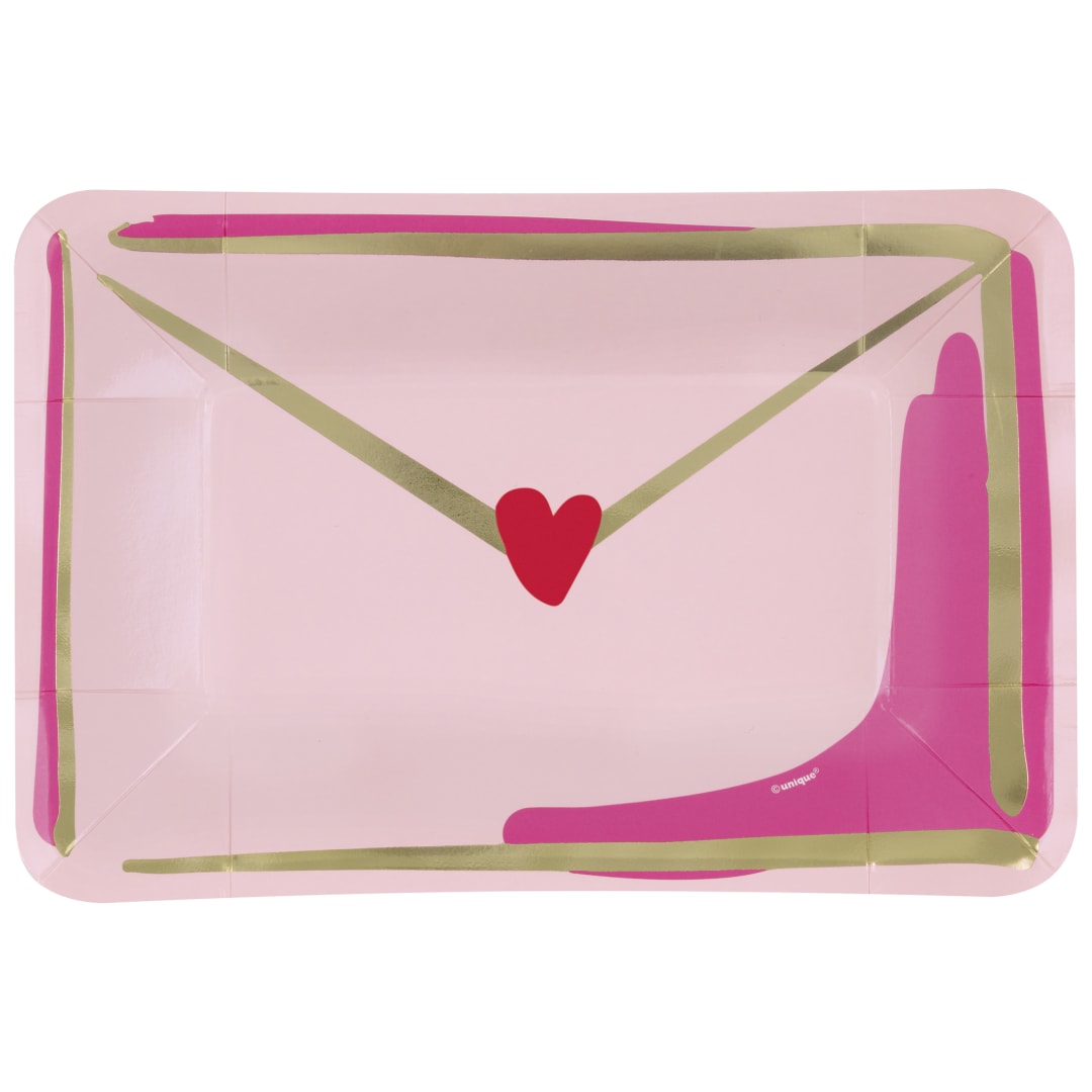 Red &amp; Pink Valentines Envelope Shaped 9" x 6" Appetizer Plates, 8ct - Foil Board