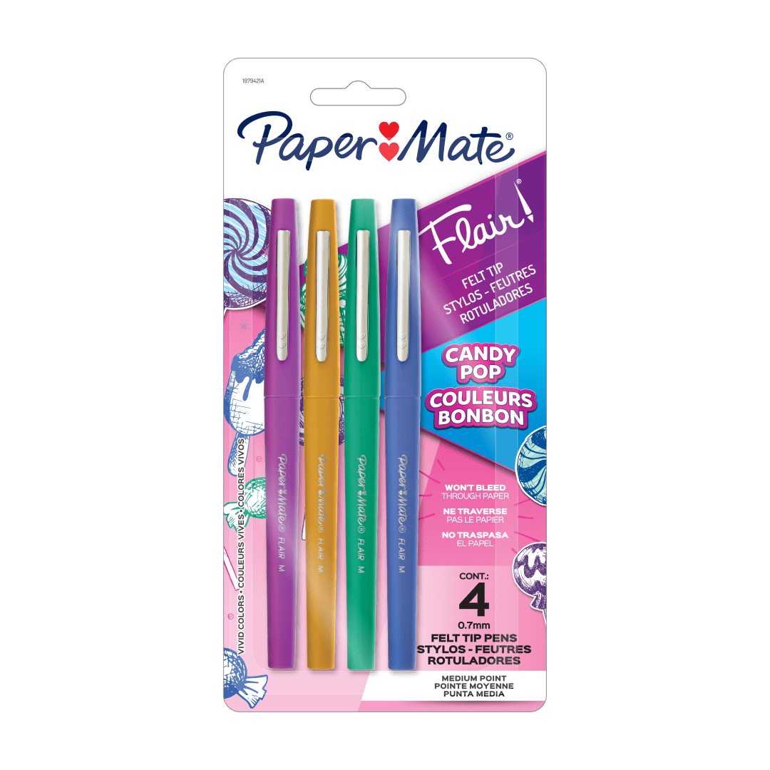 Stylos Flair de Paper Mate avec pointe en feutre, pointe moyenne (0,7 mm), ensemble Candy Pop à édition limitée, couleurs assorties, 12 unités