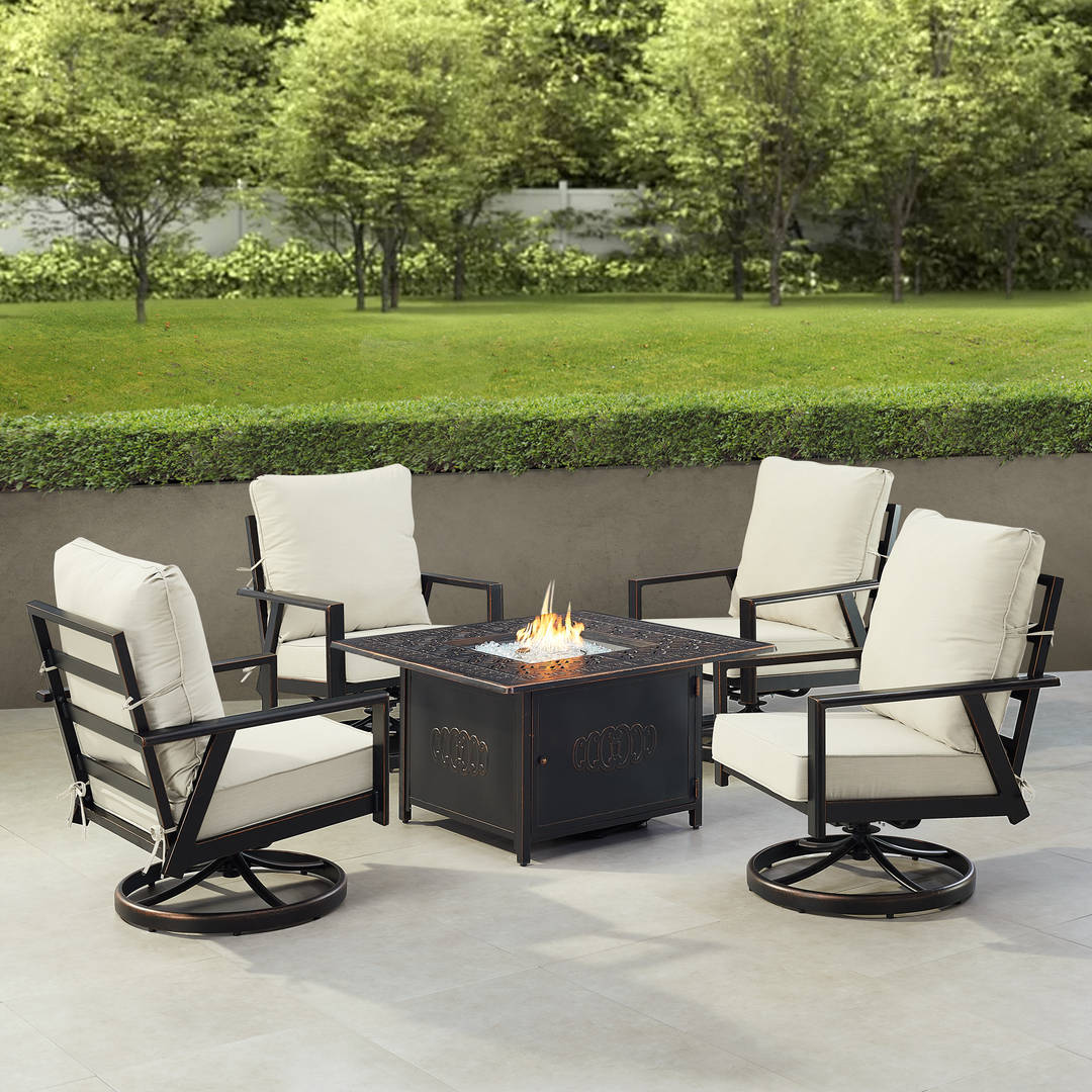 Black Aluminum Patio Fire Table Set with Four Club Chairs