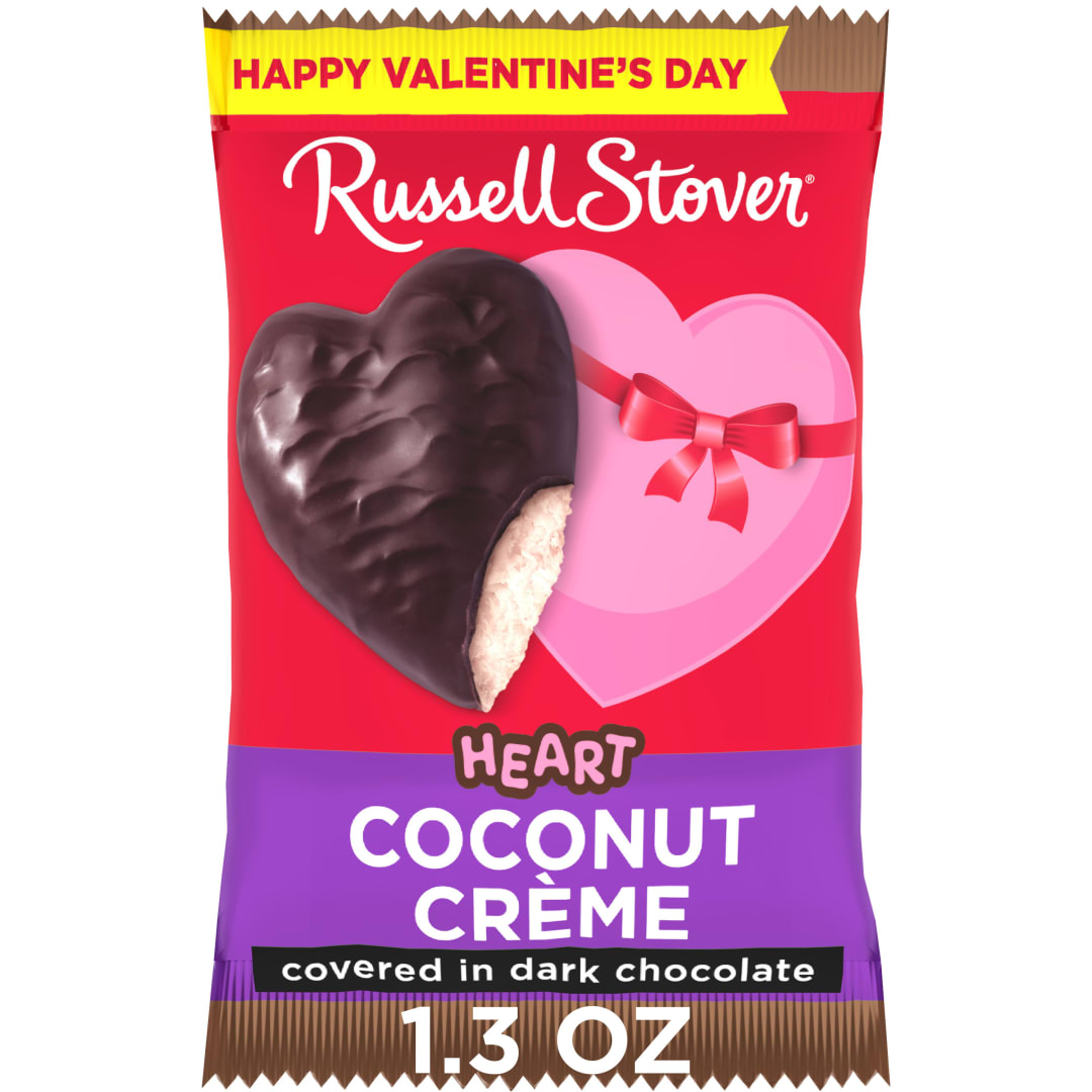RUSSELL STOVER Valentine's Day Dark Chocolate Coconut Crème Heart Candy Bar, 1.3 oz.