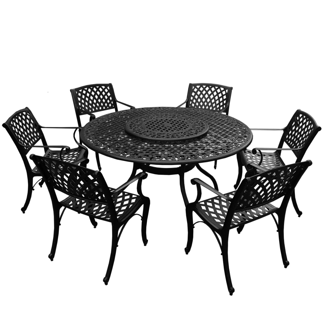Modern Ornate Outdoor Mesh Aluminum 59-in Large Black Round Patio Dining Set with Lazy Susan and Six Chairs