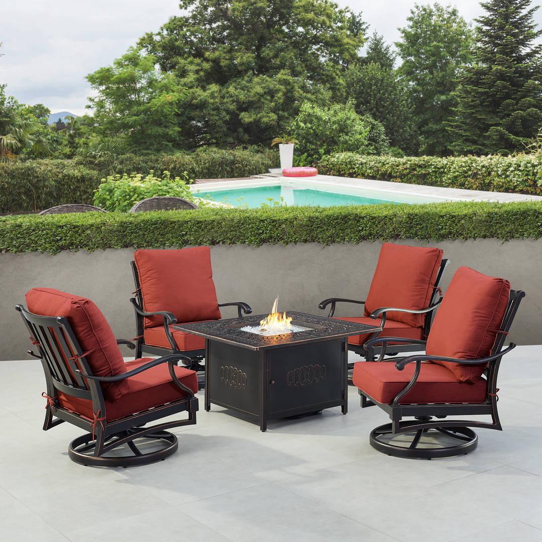 Black Aluminum Patio Fire Table Set with Four Club Chairs