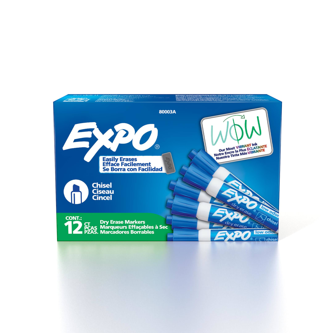 EXPO Dry Erase Markers, Low Odor Ink, Blue, Chisel Tip, 12 Count