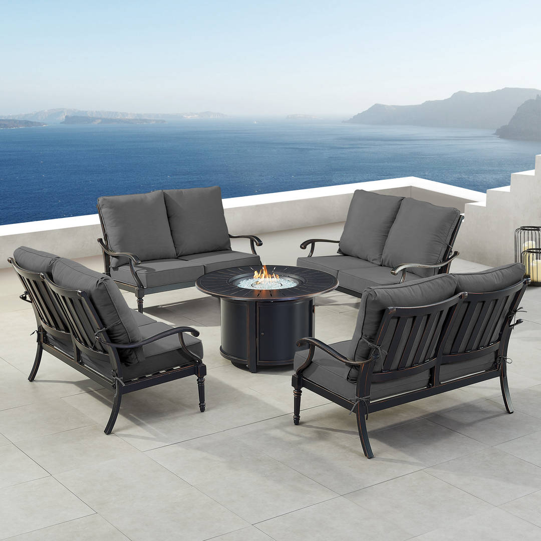 Black Aluminum Patio Fire Table Set with Four Deep Seating Loveseat with Cushions