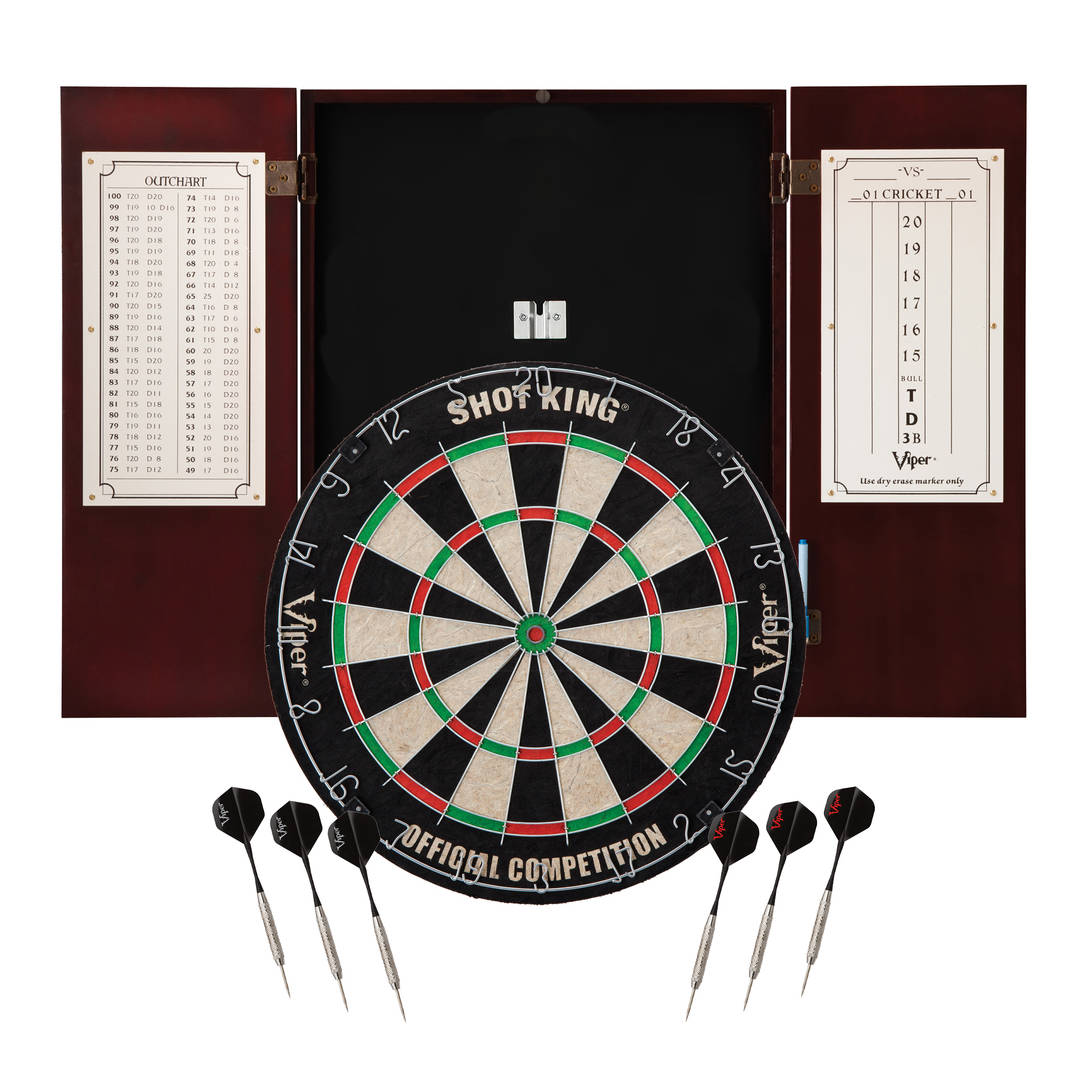 Viper Metropolitan Sisal Fiber Bristle Dartboard and Cabinet Bundle: Standard Set (Shot King Dartboard), Mahogany Finish