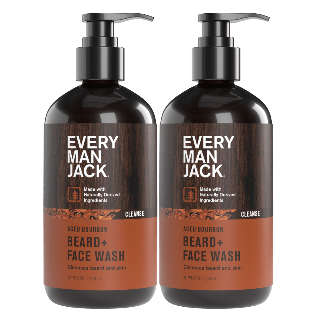 Every Man Jack Beard + Face Wash - Subtle Aged Bourbon Fragrance - Cleans and Helps Condition and Soften Your Beard and Skin Underneath - Naturally Derived with Aloe and Glycerin- 6.7 fl oz (2 Pack)