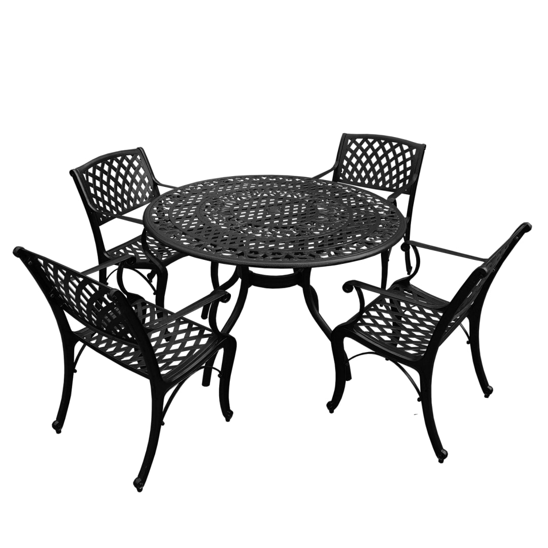 Modern Ornate Outdoor Mesh Aluminum 48-in Black Round Patio Dining Set with Four Chairs