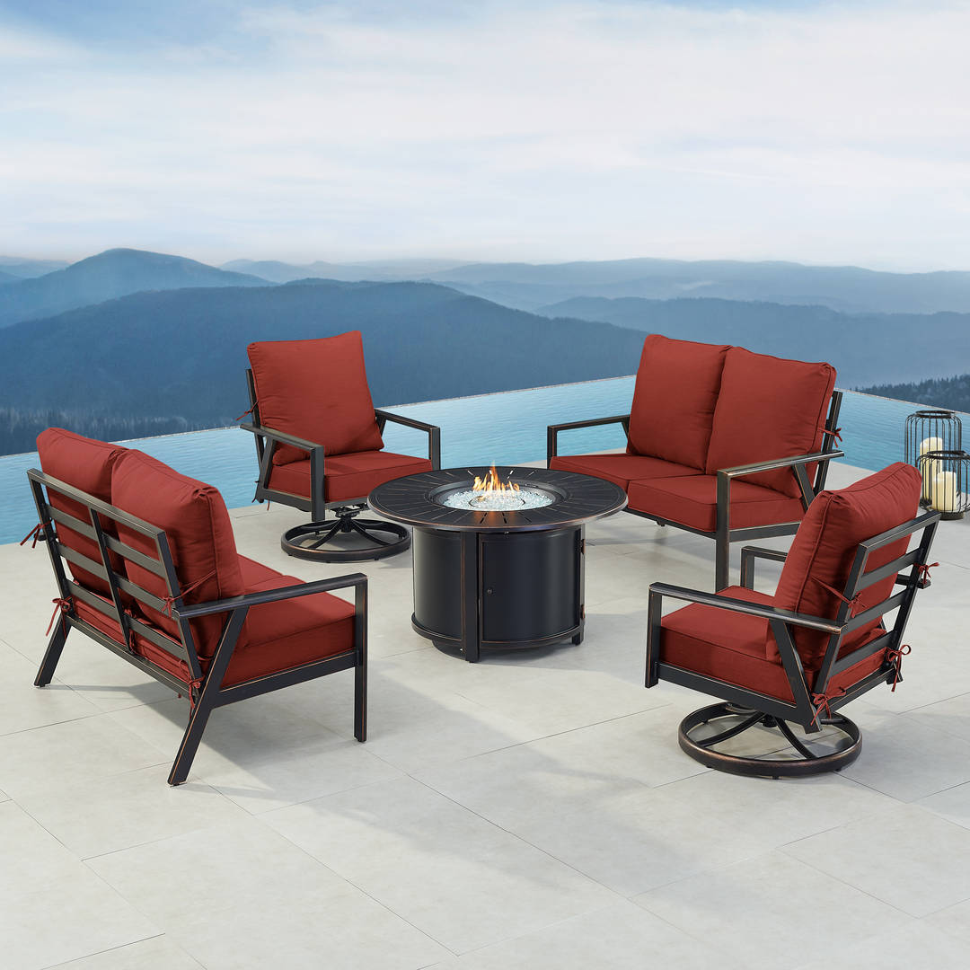 Black Aluminum Patio Fire Table Set with Two Deep Seating Loveseat with Cushions and Two Club Chairs