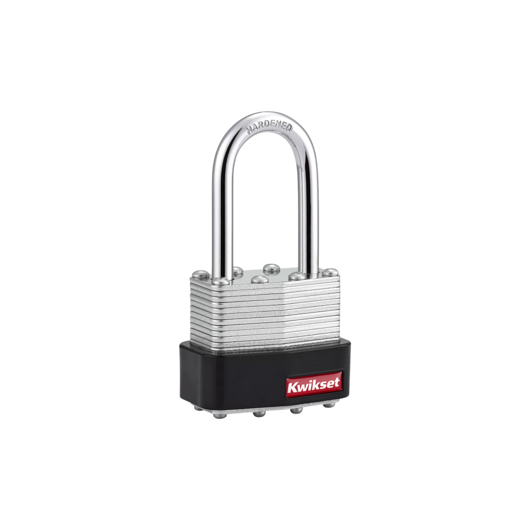 Kwikset Laminated Steel Padlock with Hardened Steel Shackle, 1-9/16 in Body, 1-1/2 in Shackle, 1 Pack