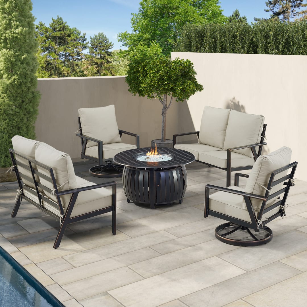 Black Aluminum Patio Fire Table Set with Two Deep Seating Loveseat with Cushions and Two Club Chairs
