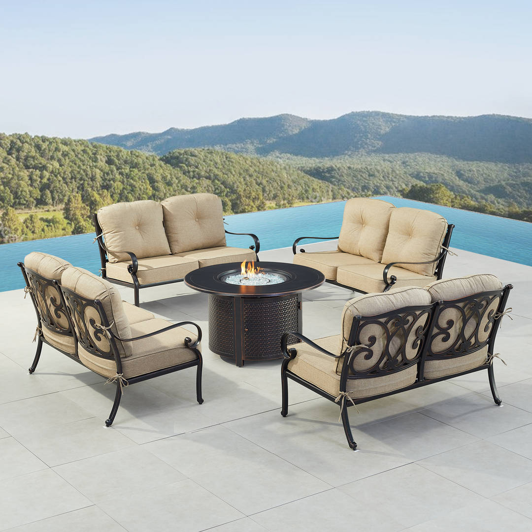 Black Aluminum Patio Fire Table Set with Four Deep Seating Loveseat with Cushions