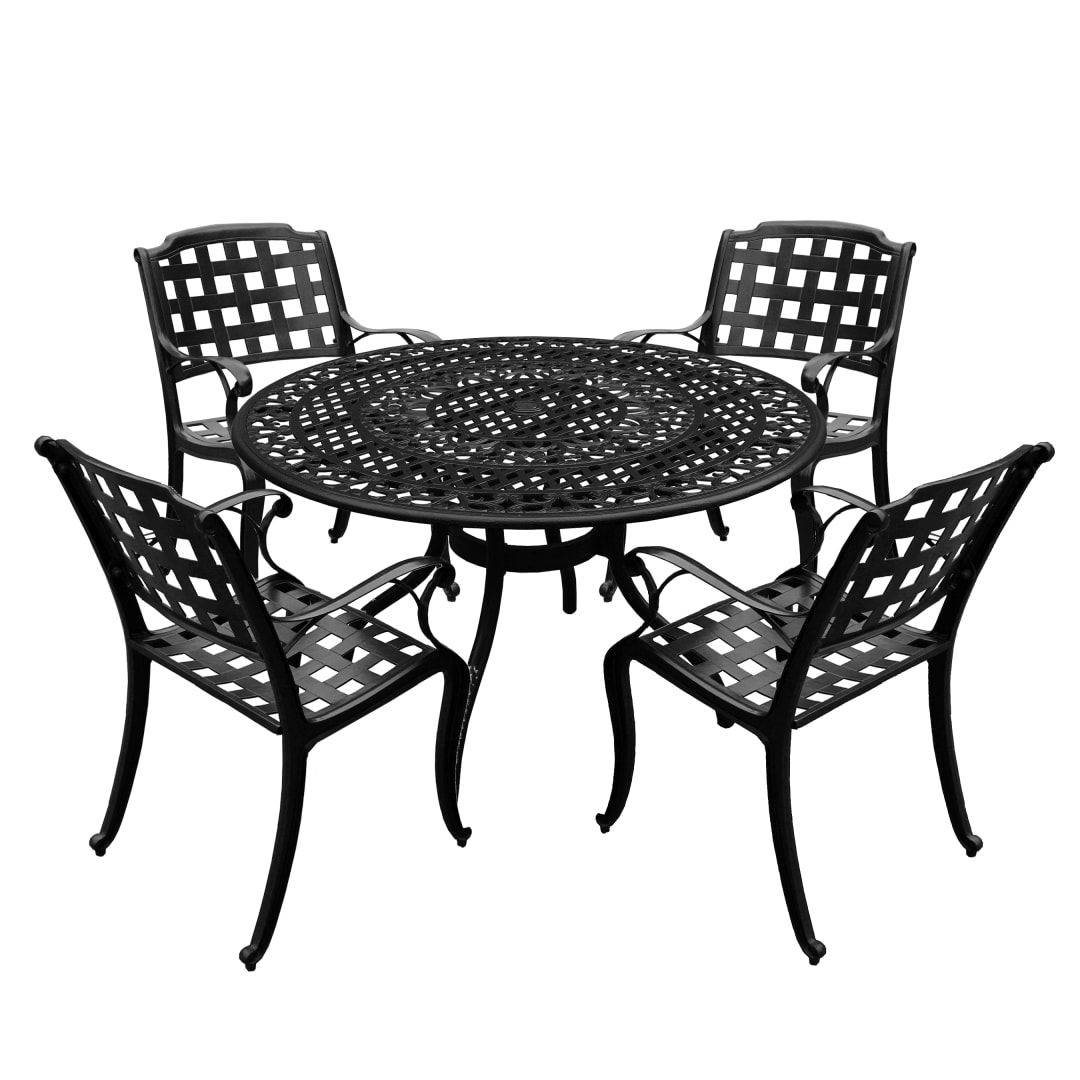 Modern Ornate Outdoor Mesh Aluminum 48-in Black Round Patio Dining Set with Four Chairs