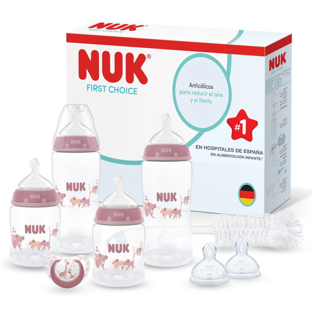 NUK First Choice Perfect Start Set de Biberones para Recién Nacidos | 0-6 Meses | 4 Biberones Anticólicos (150 ml, 300 ml), 2 Tetinas, 1 Chupete, 1 Cepillo para Biberones | Koala | 8 Piezas