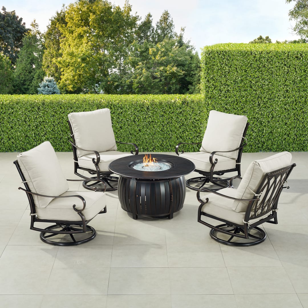 Black Aluminum Patio Fire Table Set with Four Club Chairs